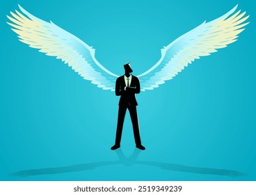 Businessman with angelic wings, standing confidently with arms crossed. Symbolizing ethical leadership, integrity, and moral guidance in the corporate world