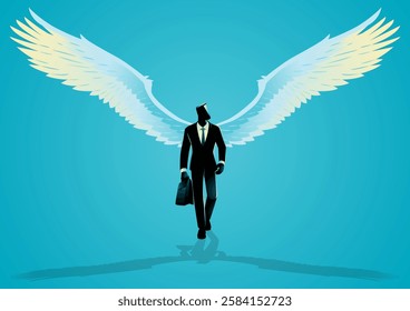 Businessman with angelic wings walking confidently while carrying a briefcase