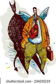 Businessman with angel's wings and shadow of the demon. Vector illustration