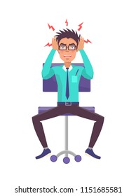 Businessman in anger holding head, bolts of rage around it, man wearing suit and tie, furious male sitting on chair isolated on vector illustration