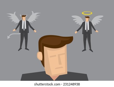 Businessman with angle and devil version of himself above his head. Conceptual vector illustration for business dilemma and indecisiveness isolated on grey plain background 