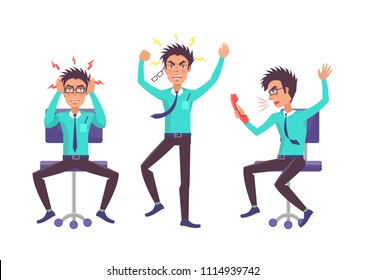 Businessman angry collection, worker showing anger, rage and frustration, person working in office having problems isolated on vector illustration