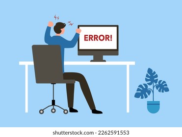 businessman angry at computer in office flat design on white background.