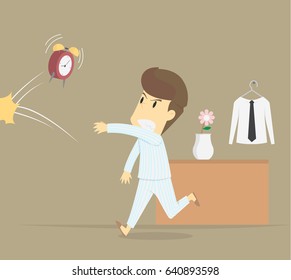 businessman angry hurl the alarm clock at wake up with laziness.VECTRO