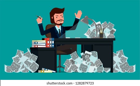 A businessman is angry that he has a lot of paper work to do. Flat character vector illustration.