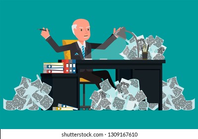 A businessman is angry that he has a lot of paper work to do. Flat character vector illustration.