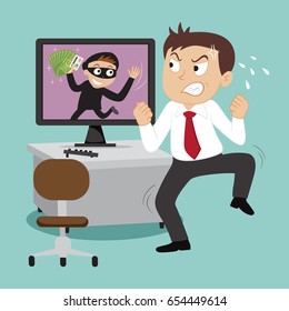 Businessman angry while thief hacker steal money, vector illustration cartoon