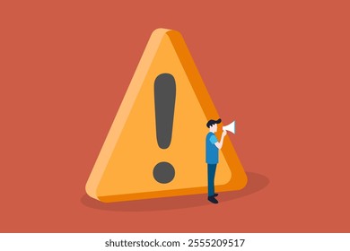 Businessman announce with megaphone. concept of attention or warning information, breaking news or urgent message communication, alert and beware