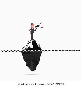 Businessman announce the risk analysis iceberg template.Man holding megaphone with iceberg infographic template.Businessman on megaphone make an announcement.Vector flat design illustration