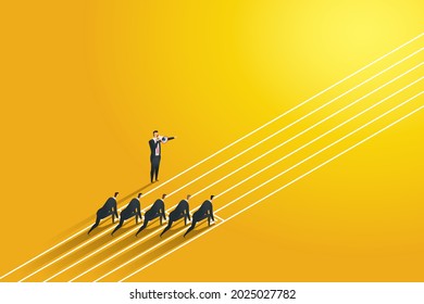 Businessman announced, pointing his hand, instructing his subordinates to start running from the beginning before any business competition between employees. vector illustration.
