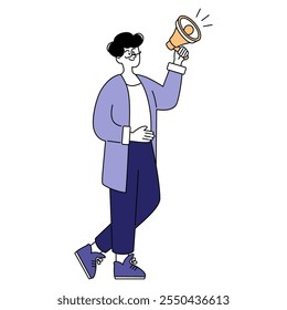 Businessman announcement concept. A confident man holding a megaphone, conveying a message or information. Communication, leadership, and marketing strategy. Vector illustration.
