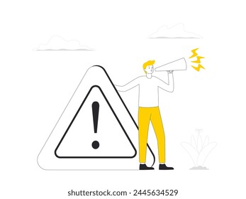 Businessman Announces with Loudspeaker, Holding an Exclamation Mark Signaling an Important Notice