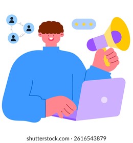 Businessman announces marketing campaign with account and rating icons, concept of communication, branding, and digital success