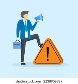 businessman announces in megaphone with attention exclamation mark. Important announcement, attention or warning information, alert and alert concept, breaking news or urgent message communication.