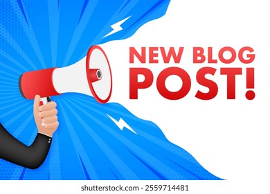 Businessman announcing new blog post with megaphone on blue comic style background