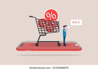 Businessman announcing new offers and discounts concept of Online shopping, Special offer, discounts, E-commerce, Digital store, E-shop, online store