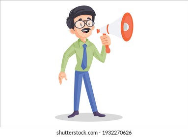 Businessman is announcing on megaphone. Vector graphic illustration. Individually on a white background.