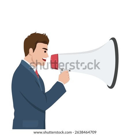 Businessman Announcing Through Megaphone. Flat vector illustration isolated on white background