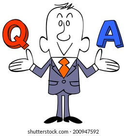 Businessman and answers questions