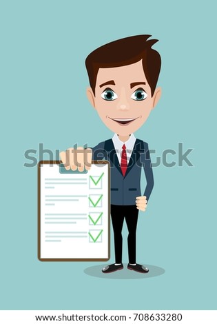 Businessman answers questions of interview. Concept of survey, questionnaire. Vector, illustration