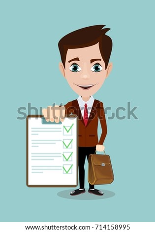 Businessman answers questions of interview. Concept of survey, questionnaire. Vector, illustration