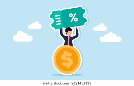 Empresário que aparece atrás de uma moeda de dólar carregando um voucher ou bilhete, ilustração de estratégia de negócios para dar descontos