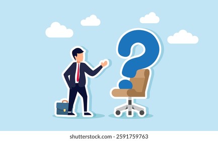 A businessman appears to be talking to a question mark sitting on a chair, illustration of questioning job availability for a position