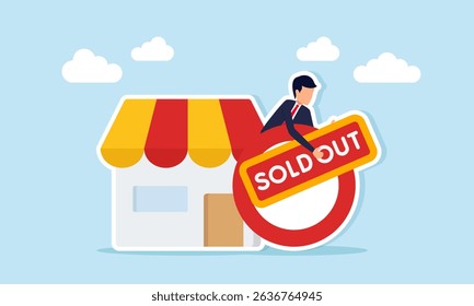 Businessman appears from behind a circle next to a store holding a sold out sign illustration of business product stock sold out