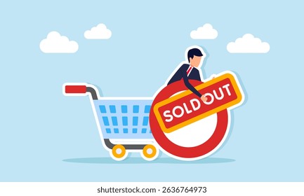 Businessman appears from behind a circle next to a shopping cart holding a sold out sign illustration of business product stock sold out