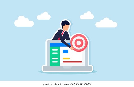 Empresário aparece atrás de laptop tomando placa alvo da ilustração de laptop de projetar e completar metas de negócios digitalmente e online