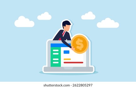 Empresário aparece por trás do laptop levando moeda de dólar do laptop ilustração de ganhar lucro do negócio de produto digital on-line