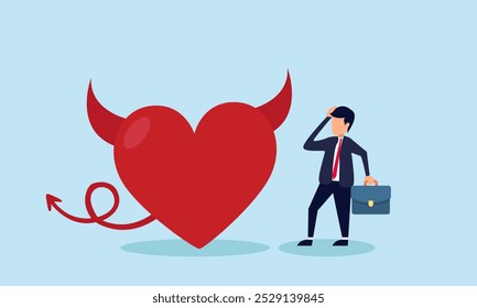 A businessman appears confused with a devilish heart, illustration of the temptation to engage in dishonest practices in business  