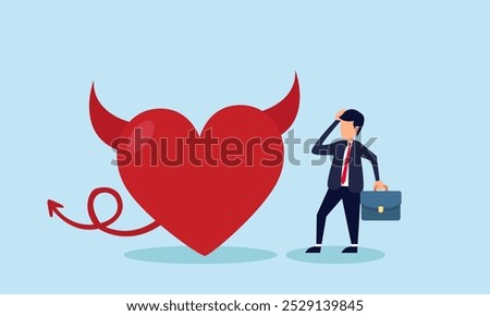 A businessman appears confused with a devilish heart, illustration of the temptation to engage in dishonest practices in business  