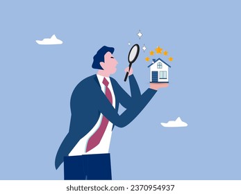 businessman appraiser magnifier review property with star rating.Property appraisal or price evaluation, housing assessment for market value, residential sale, rating or real estate review concept.