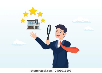 Businessman appraiser magnifier review property with star rating, property appraisal or price evaluation, housing assessment for market value, residential sale, rating or real estate review (Vector)