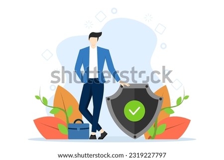 Businessman with approval sign. Information, FAQ, notice and advertising concept. Banner for web page. Modern vector illustration on flat background.