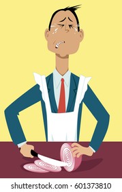 Businessman in an apron chopping onions and crying, metaphor for a tough business decisions, EPS 8 vector illustration