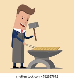 A businessman in an apron is forging SUCCESS. Vector Illustration