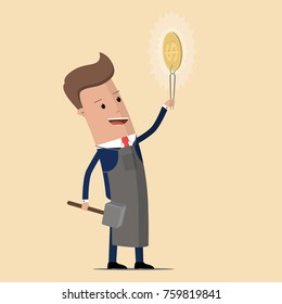 Businessman in an apron holds his money over his head. Businessman making money. Vector illustration