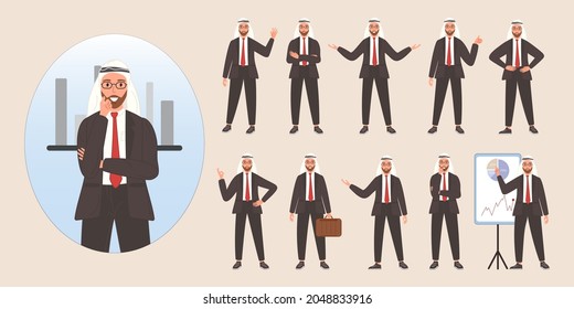 Businessman arab character avatar design set. Vector illustration collection