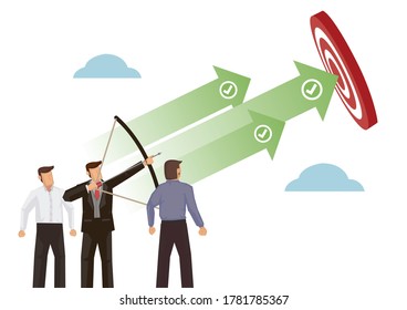 Businessman archer aiming at a target, achieving the goal. Concept of leadership, goal setting and corporate strategy. Flat character vector illustration.