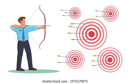 Businessman archer with bow, arrows and target flat vector illustration.