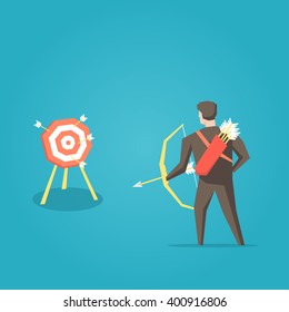 Businessman archer with bow, arrows and target vector illustration. Business cartoon character creative concept.
