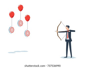 Businessman with archer bow with multiple floating targets