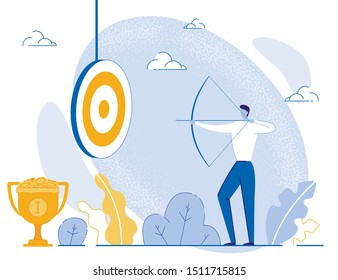 Businessman Archer Character with Bow and Arrow aiming at Financial Target for Wining Gold Triumph Trophy Cup Filled with Golden Coins for First Place. Goal Achieve Motivation. Vector Illustration