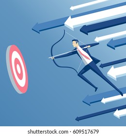 Businessman archer in jump shoots  at a target with arrow on background. Business concept the goal and success