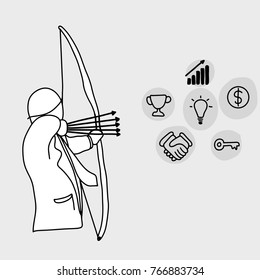 businessman as an archer using five arrows aiming to business icon vector illustration doodle sketch hand drawn with black lines isolated on gray background. Business concept. Editable artwork.