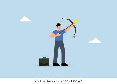 businessman archery aiming light bulb idea arrow to high target.