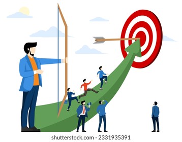 businessman archery and aiming at the target, people run to their goal along the arrow to cut, increase motivation, how to reach the goal, flat vector illustration on a white background.