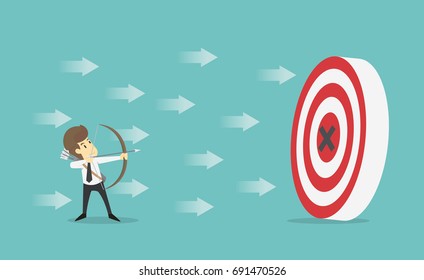 Businessman with archery arrow aiming target successful.Business young cartoon happiness of success concept is man character.View businessman emotions moving include icon of man.Vector Illustration